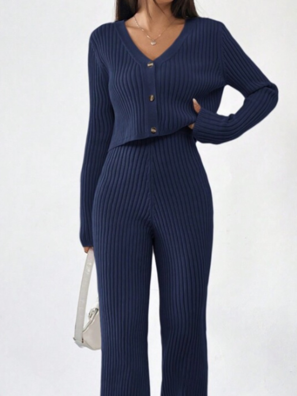 SHEIN EZwear Autumn And Winter 2pcs/Set Women V-Neck Button